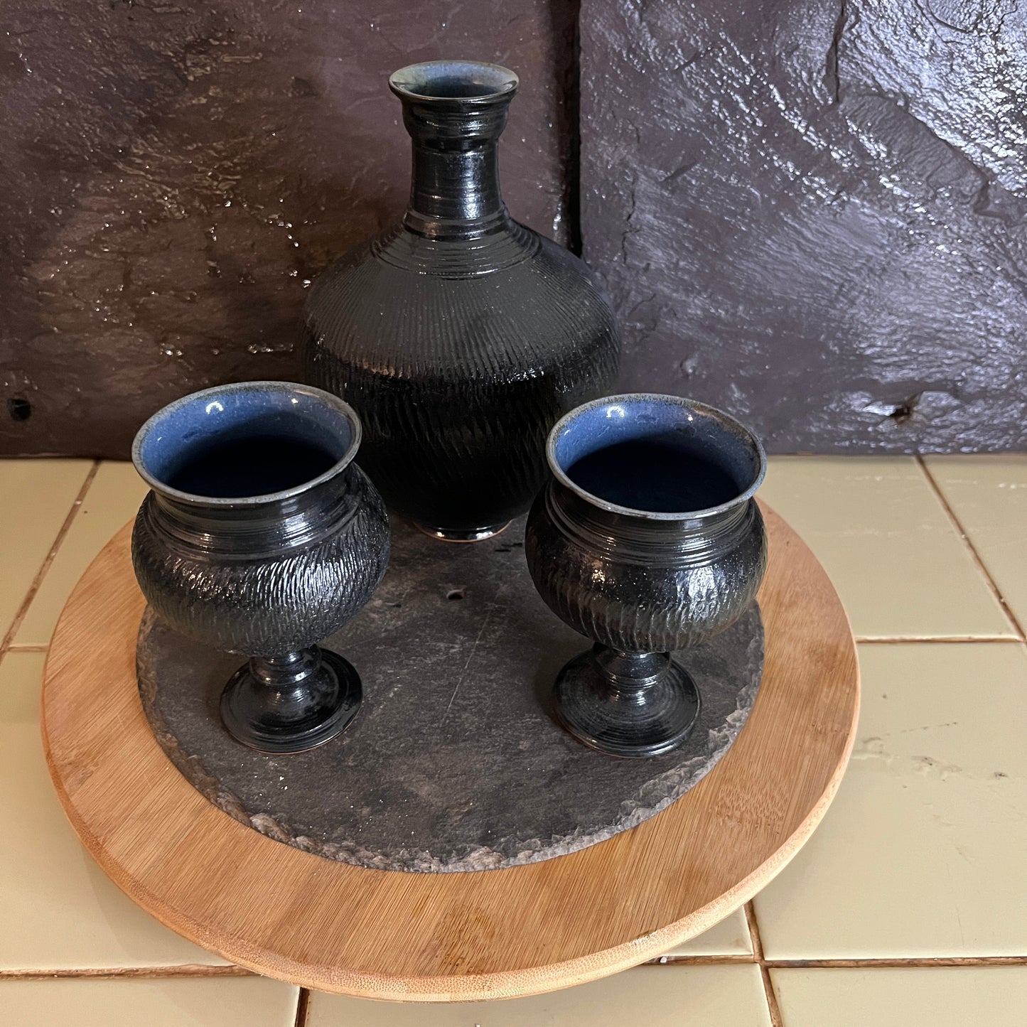 Wine Decanter and Goblets. Roman black and blue.