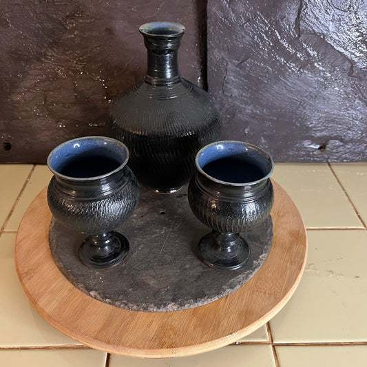 Wine Decanter and Goblets. Roman black and blue.